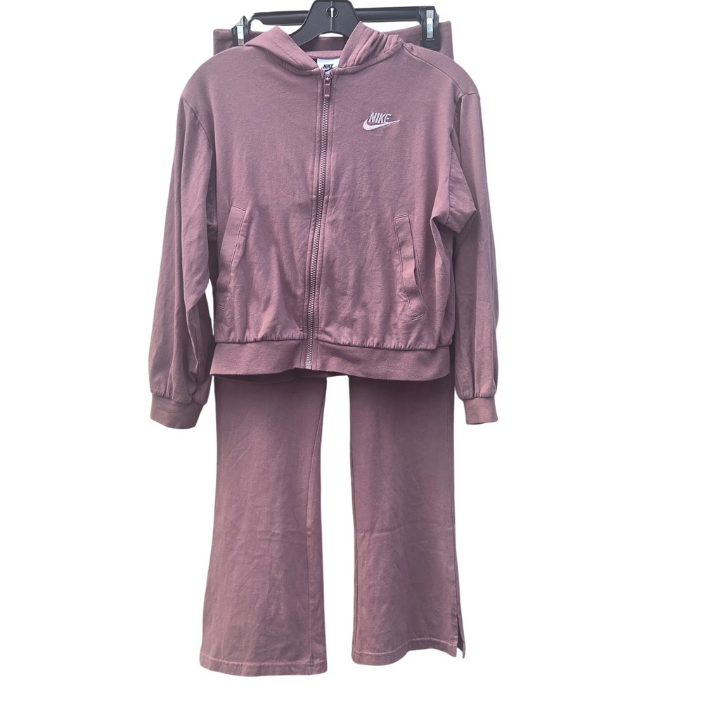 Nike Kids Sporty Mauve Pink Full Zip Hoodie Flare Pants Set Neutral XL 14-16